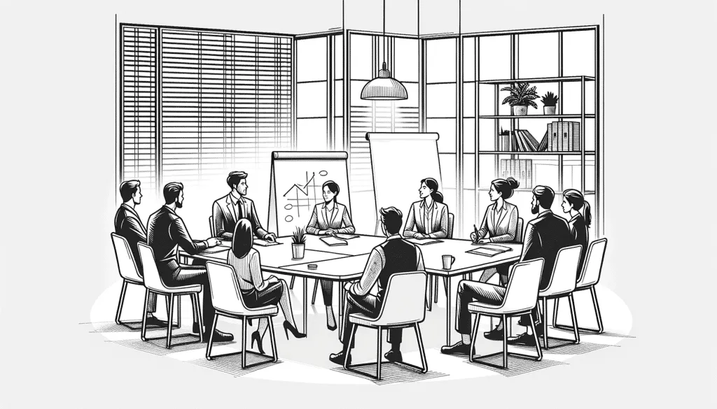 DALL·E 2024 01 18 14.32.00 A simple and light black and white line drawing in the same style as the previous images featuring a larger group discussion in an office setting wit