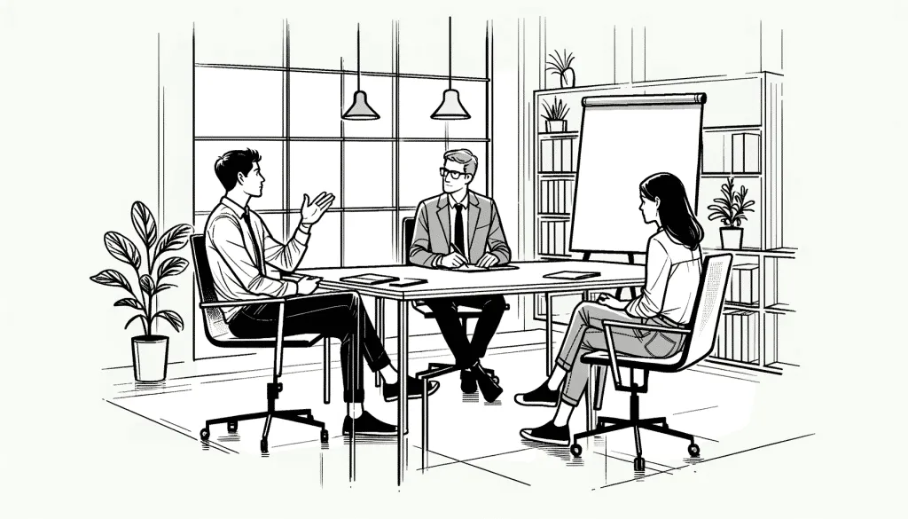 DALL·E 2024 01 18 14.32.02 A simple and light black and white line drawing in the same style as the previous images showing an office group discussion without a flip chart. The