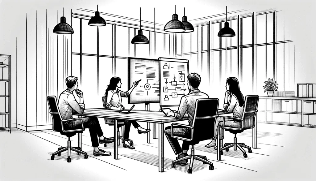 DALL·E 2024 01 18 14.32.06 A simple and light black and white line drawing in the same style as the previous images depicting a more intimate facilitated group discussion in an